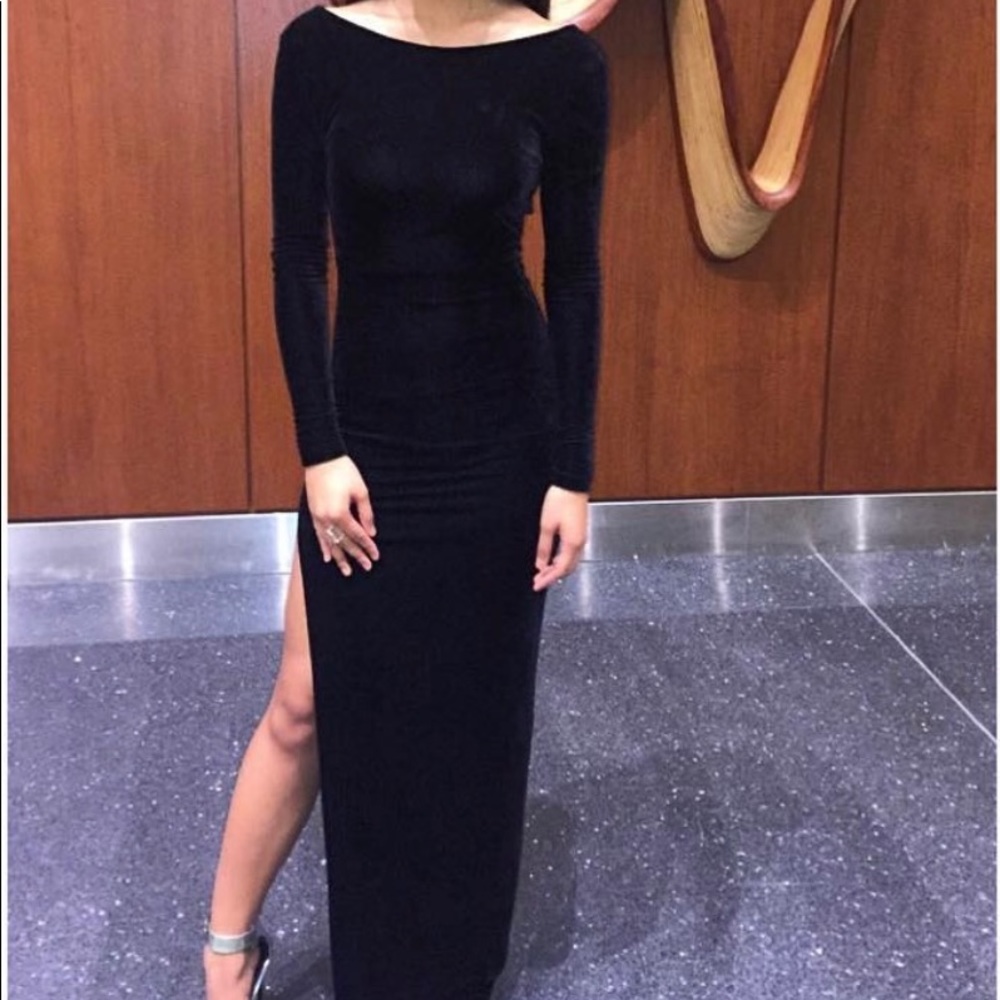 Black backless velvet evening dress with slit